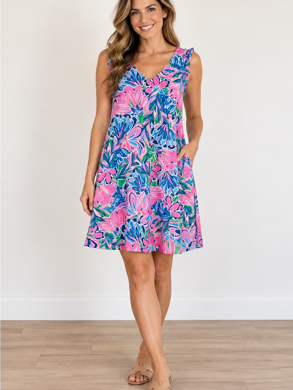 Lilly Pulitzer Pink and Blue Floral Midi Dress